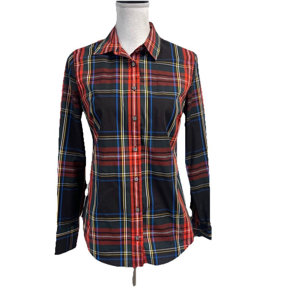 J. Crew Blouse Shirt size 4 Slim Red Black Tartan Plaid Christmas Career Stretch